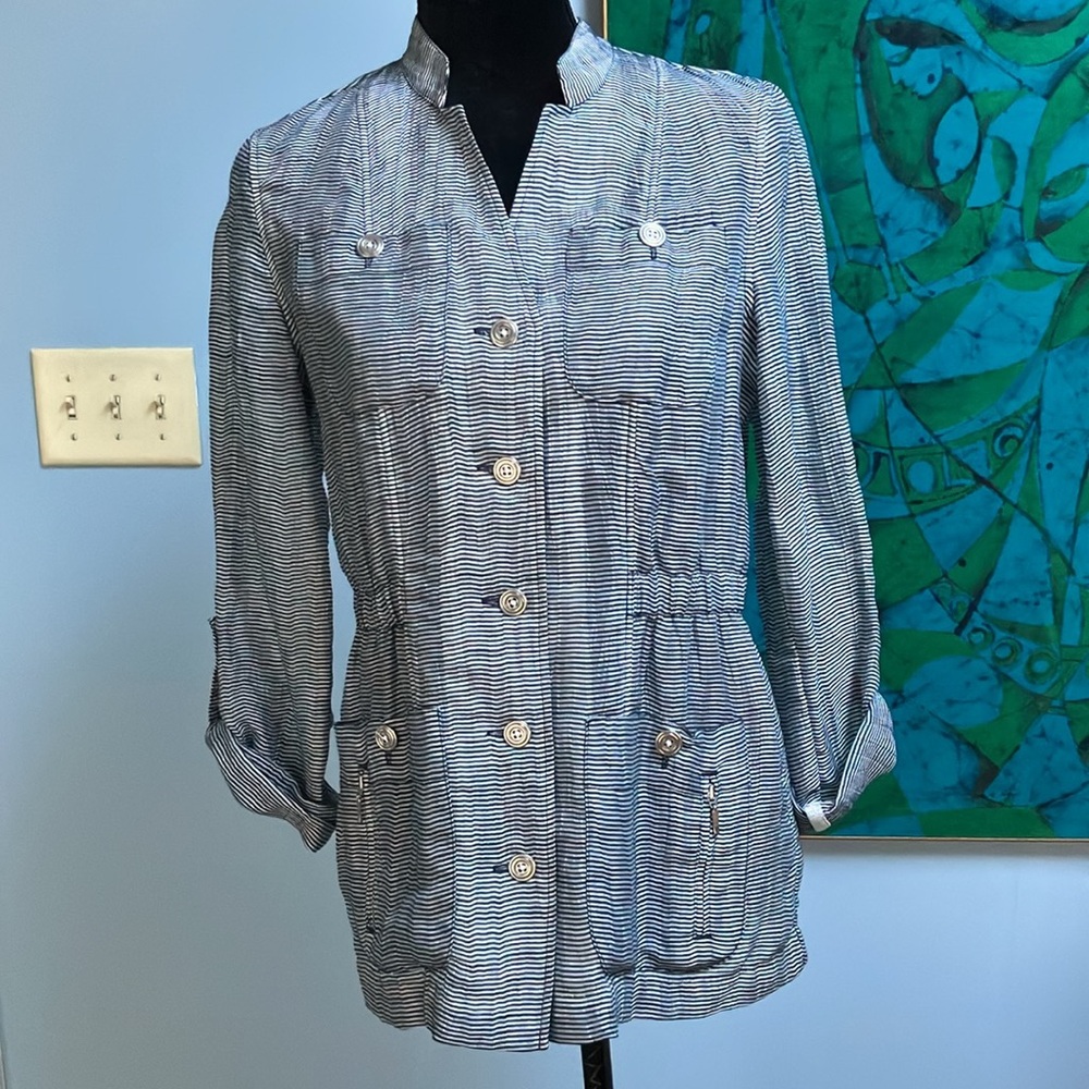 Chico’s 00 Women's Gray Striped Linen Blend Jacket Pockets Defined Elastic Waist